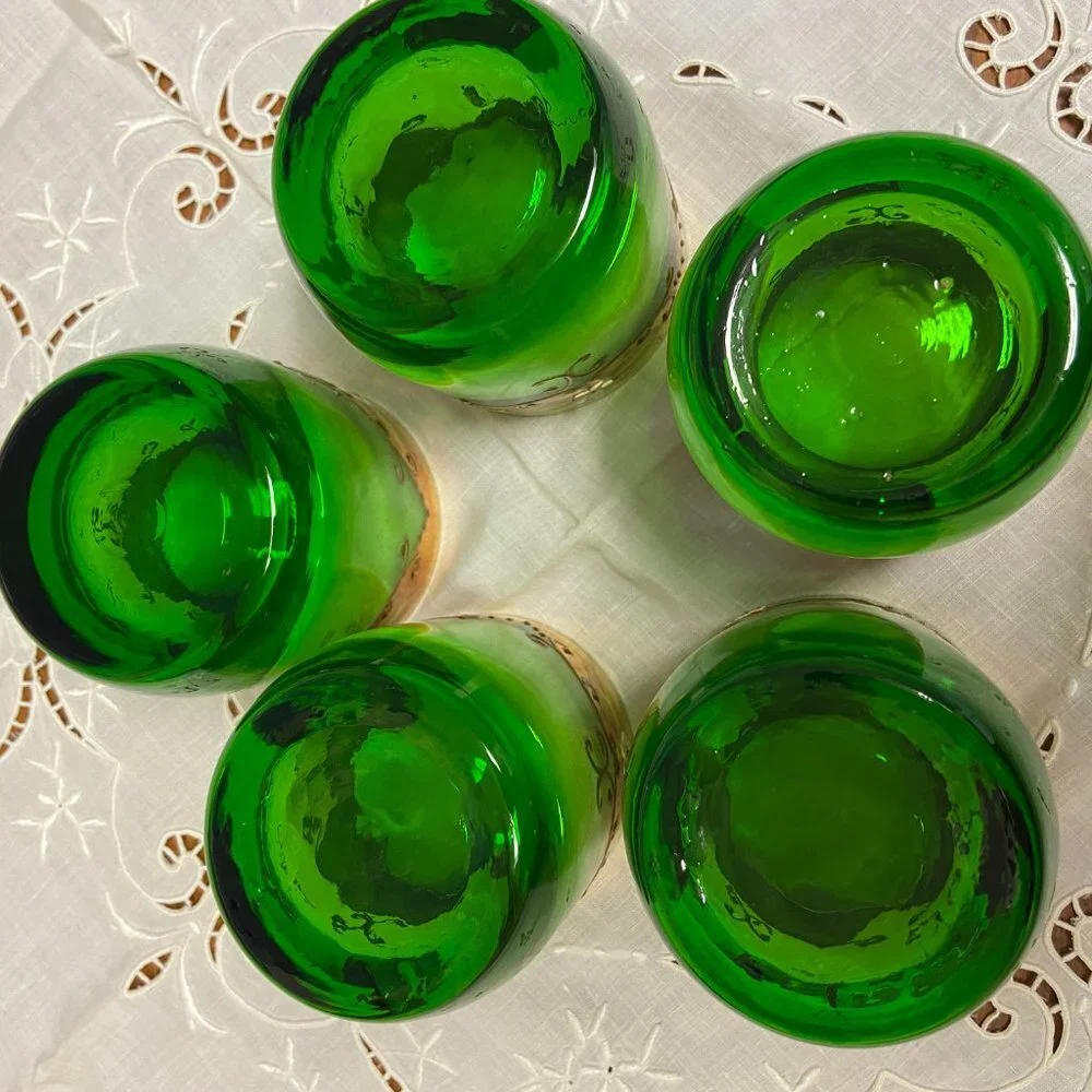 5 VTG Moser Czech Glass Whiskey Green Gold Gilt Enamel Bohemian